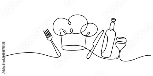 Continuous line drawing of culinary objects including a chef hat, fork, knife, and wine set Vector, illustration