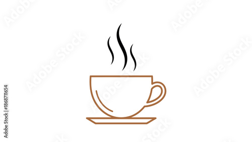 Steaming Coffee Cup on Saucer, Hot Beverage, Orange Outline on White Background