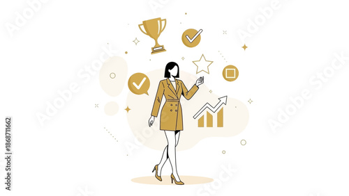 Woman juggling success symbols like trophy, checkmarks, star, and growth chart