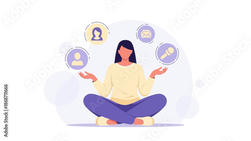 Woman Juggling Icons: Communication, Social Media, and Work-Life Balance