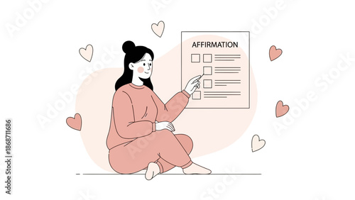 Woman making positive affirmation checklist, self-care, mental health, personal growth concept