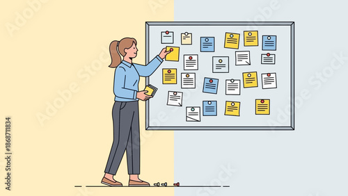 Woman Organizing Notes on Bulletin Board, Planning and Strategy Concept