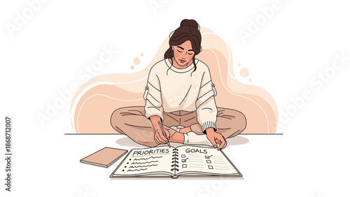 Woman Planning Priorities and Goals in Notebook, Self-Improvement Concept