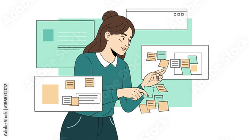 Woman Planning Project with Sticky Notes and Boards, Strategy Concept