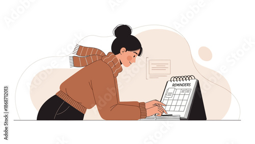 Woman planning reminders on calendar, organizing schedule, business planning