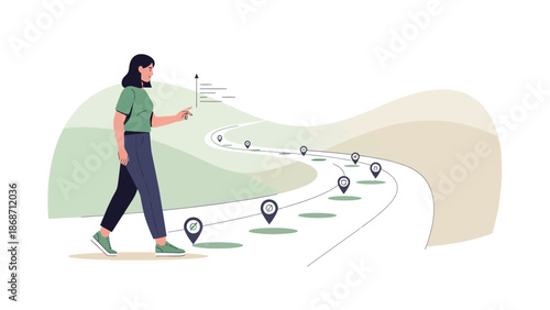 Woman Planning Route with Location Pins and Digital Interface, Concept of Travel and Navigation