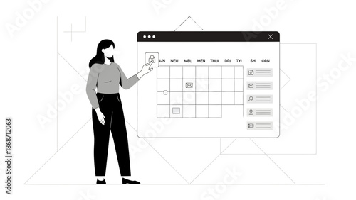 Woman planning schedule on digital calendar interface, time management concept