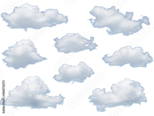 Collection of fluffy white clouds isolated on transparent background
