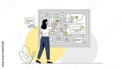 Woman Planning Strategy on a Bulletin Board with Charts and Notes