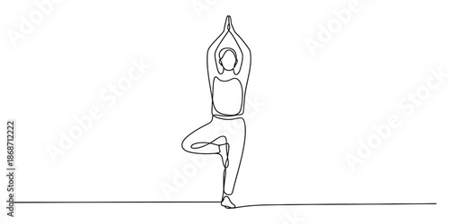 Continuous line drawing of a person practicing tree pose yoga Vector, illustration