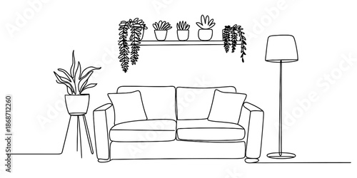 Cozy living room scene with sofa, plants, and lamp Vector, illustration