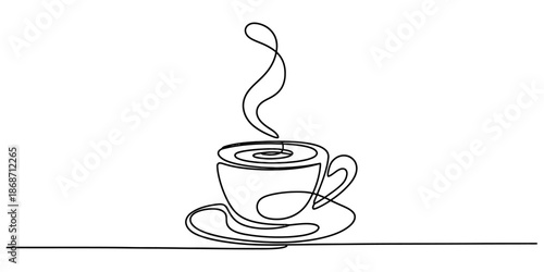 Continuous line drawing of a steaming coffee cup and saucer in minimalist style Vector, illustration