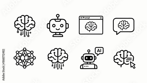 Artificial Intelligence Minimalist Vector Icon Set - Brain Circuit, Robot Assistant, Neural Network, and Chatbot Icons - Flat Line Art Style