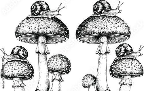 Hand drawn vintage ink illustration of garden snails on forest mushrooms, detailed engraving style, nature wildlife sketch, cad drawing flat vector illustration