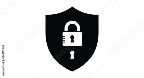 A black shield icon with a white padlock and key illustration representing security and protection silhouette