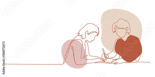 Two people drawing and writing together with organic shapes Vector, illustration