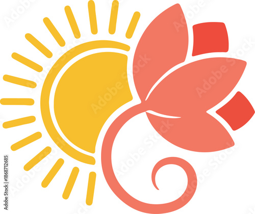 A vibrant stylized illustration of a blooming flower and a shining sun in harmony
