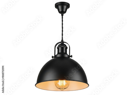 Black pendant light fixture with illuminated bulb isolated on transparent background