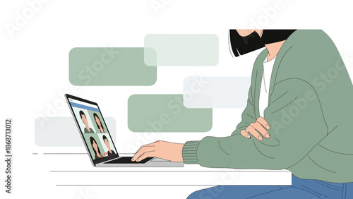 Woman on video call, online communication, remote work, digital connection, chat bubbles