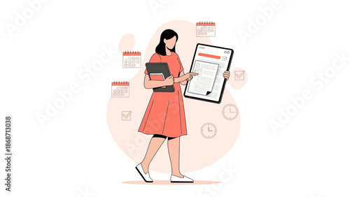 Woman organizer with tablet and documents, planning and time management concept