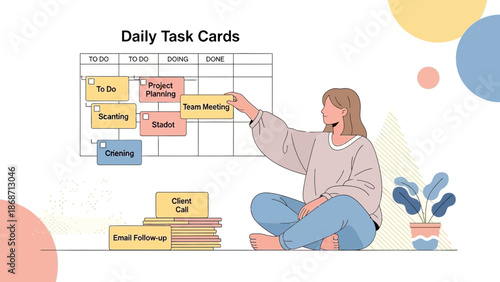Woman organizing daily tasks on a board with sticky notes, planning and productivity concept.