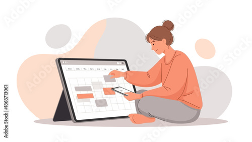 Woman Organizing Schedule on Tablet, Planning Time Management and Productivity