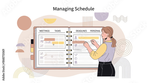 Woman organizing schedule in planner with meetings, tasks, deadlines, personal goals