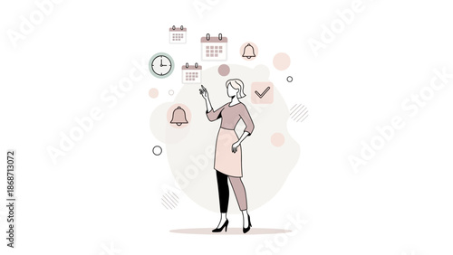 Woman organizing schedule with calendars and reminders, time management concept