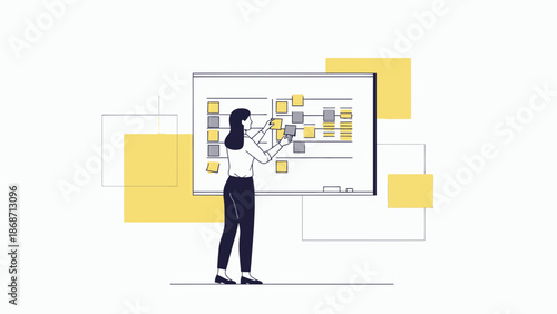 Woman Organizing Project Plan on Whiteboard with Sticky Notes