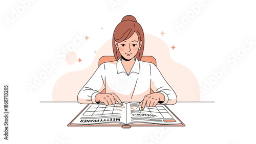 Woman planning goals in a planner, focused on achieving success and productivity.