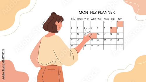Woman planning monthly calendar, scheduling appointments, time management concept