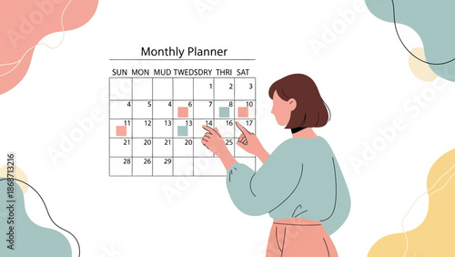Woman Planning Monthly Schedule on Calendar, Organizing Tasks and Appointments