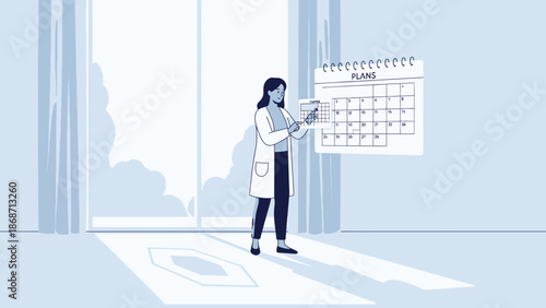 Woman planning schedule on calendar, concept of organization and time management.