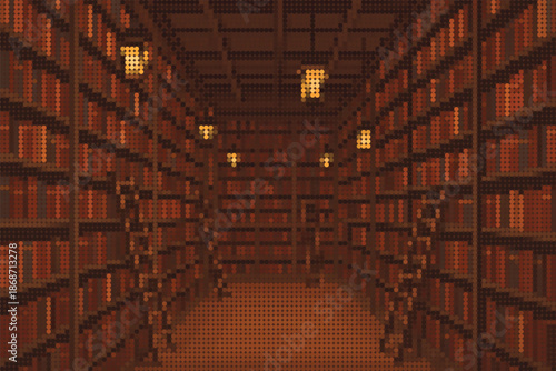 Endless Library Shelves with Ladders and Warm Lamps Halftone Illustration