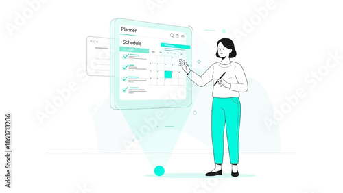 Woman planning schedule on digital planner screen, business organization concept
