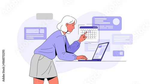 Woman planning schedule on laptop, digital calendar and notifications, business organization concept