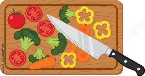 Fresh vegetables and a sharp knife on a wooden cutting board preparing healthy food for cooking flat design illustration
