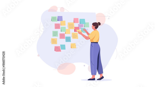 Woman planning with sticky notes on a board, creative brainstorming, agile methodology