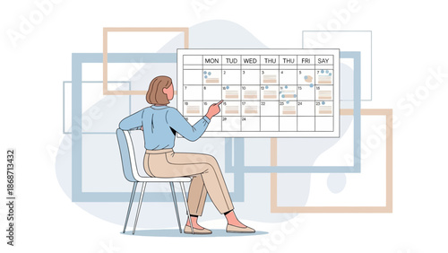Woman plans schedule on calendar, time management, organization, planning concept