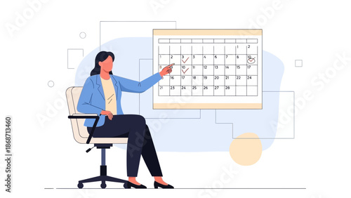Woman pointing at calendar, planning schedule, time management concept