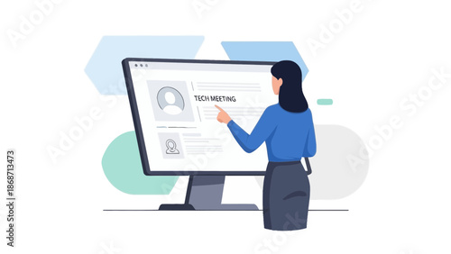 Woman pointing at computer screen with tech meeting information