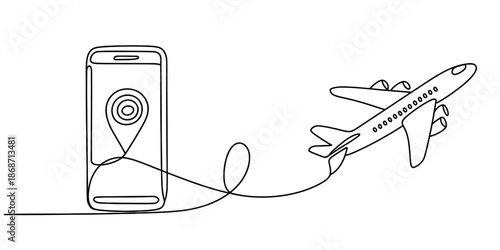 Single line art illustration connecting a smartphone with a location pin to an airplane Vector, illustration