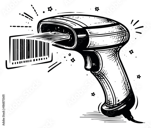 Hand drawn line art illustration of a barcode scanner depicting a laser beam scanning a barcode for retail operations