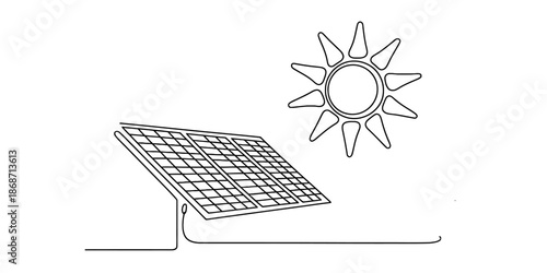 Continuous line drawing of a solar panel and sun symbolizing renewable energy Vector, illustration