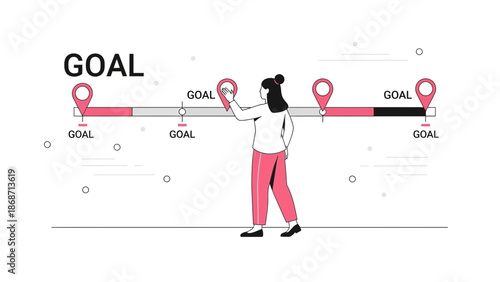 Woman reaching for goal on progress bar, business strategy, planning and success concept