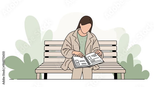 Woman reading a book on a park bench, illustration
