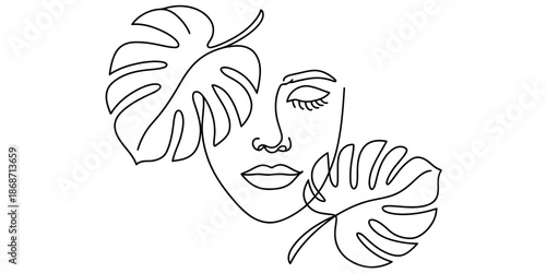 Continuous line art drawing of a beautiful woman's face surrounded by tropical monstera leaves Vector, illustration