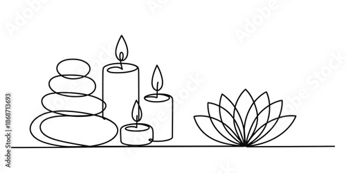 Continuous line drawing of spa elements including zen stones, candles, and a lotus flower Vector, illustration