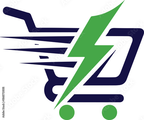 Fast shopping cart with a green lightning bolt for quick online delivery service