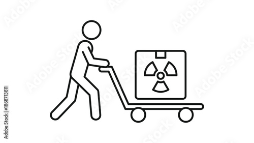 A person pushing a hand truck with a box displaying a radioactive hazard symbol